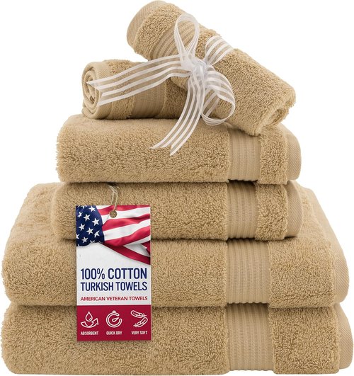 American Veteran Towel - 6-Piece 100% Cotton Turkish Bathroom Towel Set | Beige, Soft & Absorbent