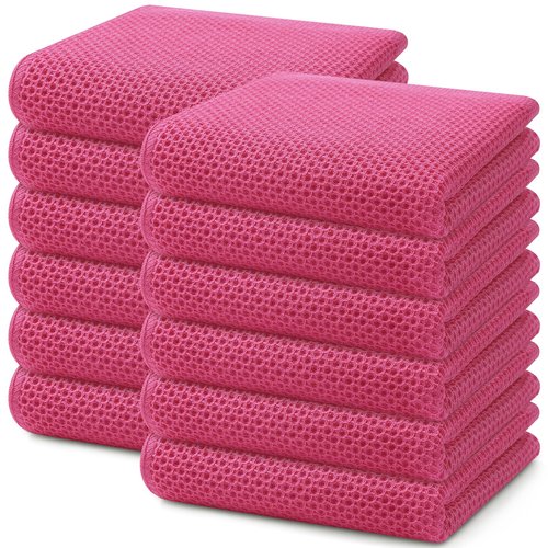 Homaxy 100% Cotton Waffle Weave Kitchen Dish Towels, Ultra Soft Absorbent Quick Drying Cleaning Towel, 13 x 28 Inches, 12-Pack, Hot Pink