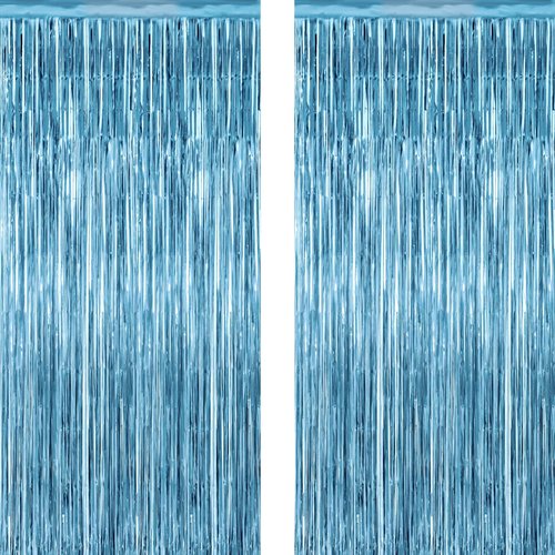 2 Pack Party Decorations, 3.28 FT x 7.05 FT Fringe Backdrop, Metallic Ocean Blue Foil Fringe Curtains Party Streamer Foil Backdrop, Light Blue Birthday Decorations Bachelorette Decor