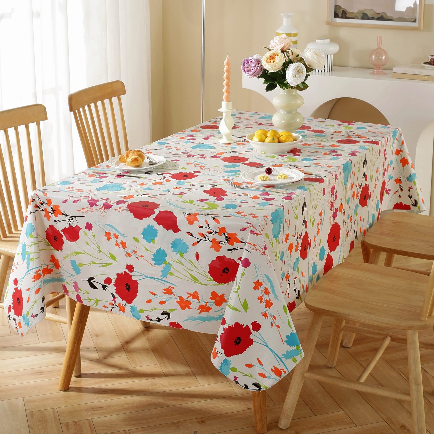 SASTYBALE Spring & Summer Floral Vinyl Tablecloth 60x120 Inch Rectangle, Waterproof Wipeable Spillproof Table Cover with Flannel Backing for Dinners, Holiday Gatherings, Indoor & Outdoor Parties