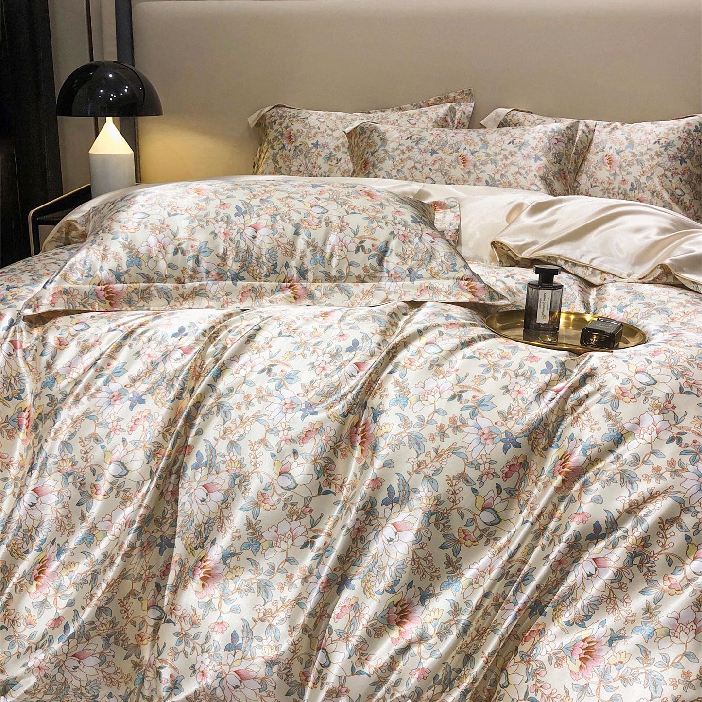 TodaFre Beige Satin Duvet Cover Queen Size, Cooling Breathable Bedding Set for Hot Sleepers - 1 Floral Patterned Duvet Cover 90x90 Inches with Zipper Closure, 2 Pillowcases