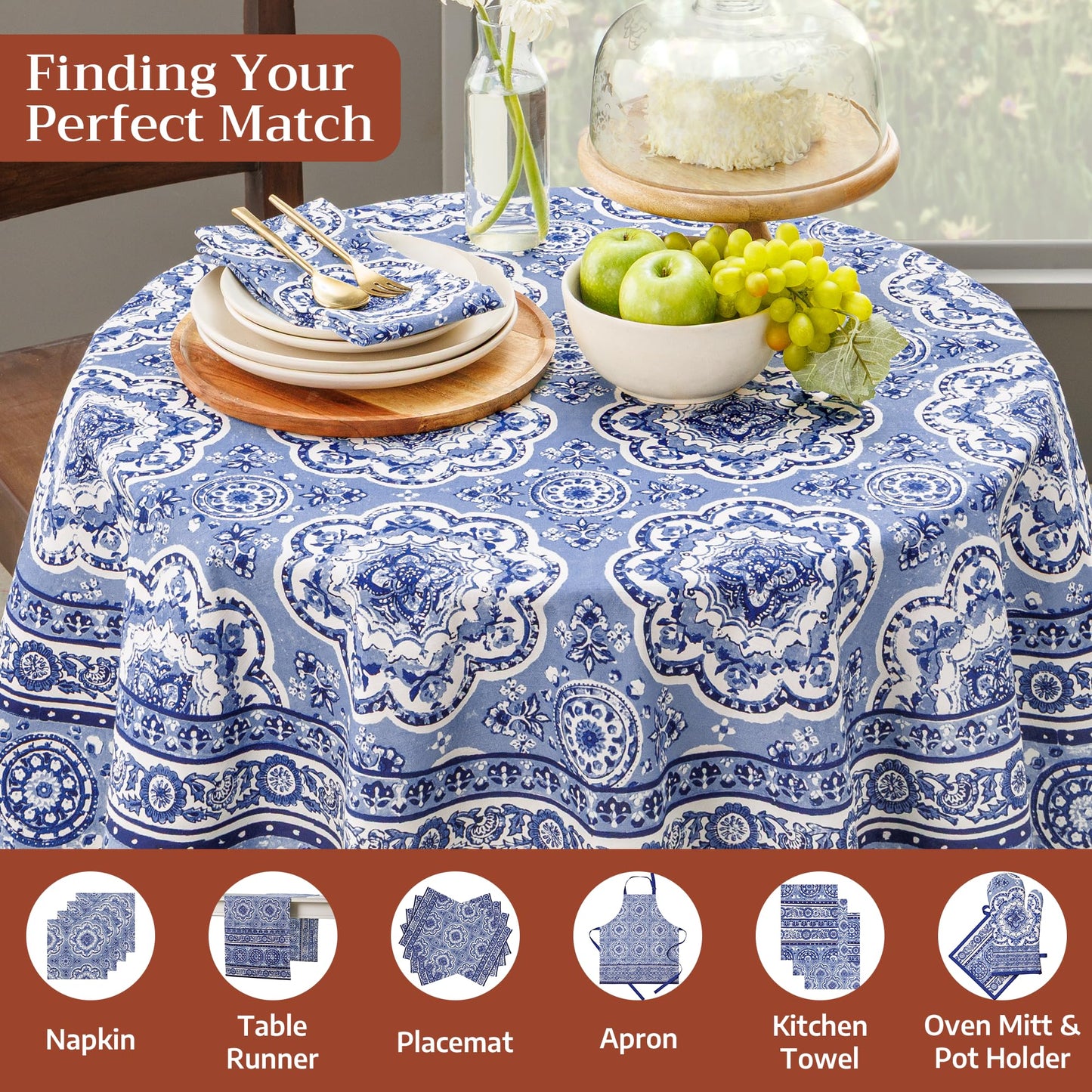Maison d' Hermine Table Cloth Round Table 100% Cotton 69 Round Inches Tablecloth Reusable Decorative for Dining Kitchen Room Farmhouse Home Gifts for Mothers Day Spring Summer - Melodie Bleue