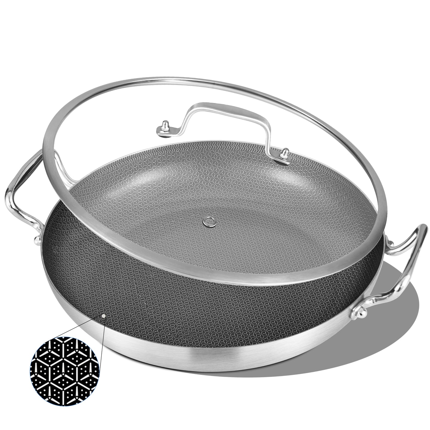 Inqibee 13-Inch Hybrid Tri-Ply Stainless Steel Paella Pan with Lid, Ceramic Non Stick Large Skillet, Induction Cooking Pan, Anti-Scratch, Dishwasher and Oven Safe