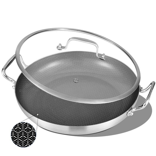 Inqibee 13-Inch Hybrid Tri-Ply Stainless Steel Paella Pan with Lid, Ceramic Non Stick Large Skillet, Induction Cooking Pan, Anti-Scratch, Dishwasher and Oven Safe
