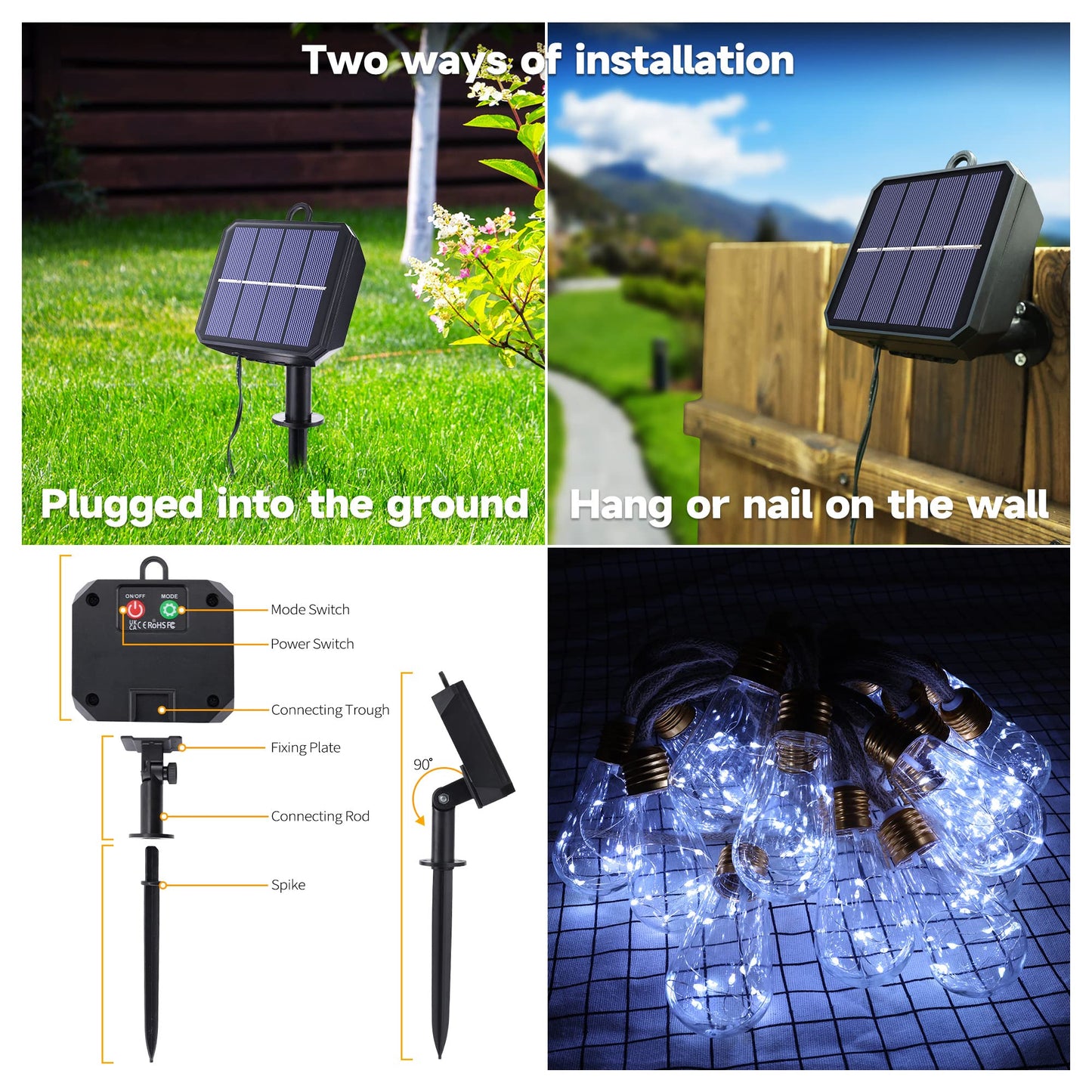 Solar Outdoor String Lights, 20Ft Vintage Rope Hemp Solar Patio Lights, Waterproof White Solar Powered String Lights With 8 Modes 16 Shatterproof Bulbs for Garden Yard Fence Stairs Balcony Café Bistro