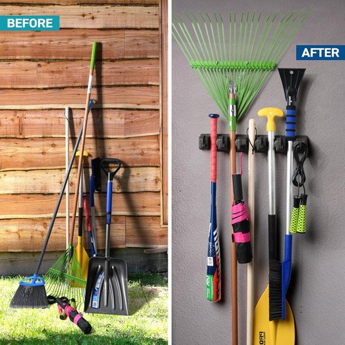 Garage Storage Organizer | 2 Pack Mop and Broom Holder by [Brand Name] - 5 Slots, 6 Hooks, 7.5lbs Capacity - Perfect for Home, Kitchen, Closet, Laundry Room
