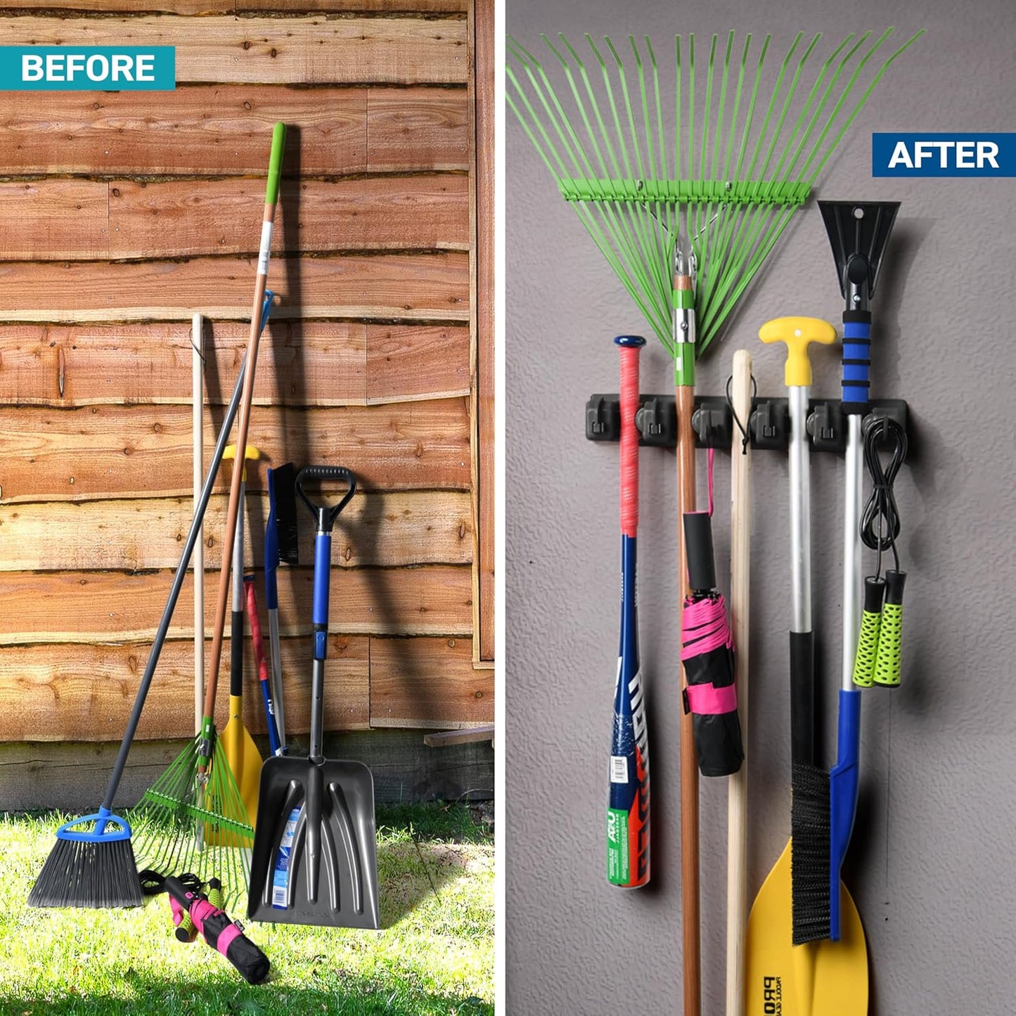 Skiennix Mop And Broom Holder Wall Mount - 5 Slots, 6 Hooks For Efficient Garage Storage | Black