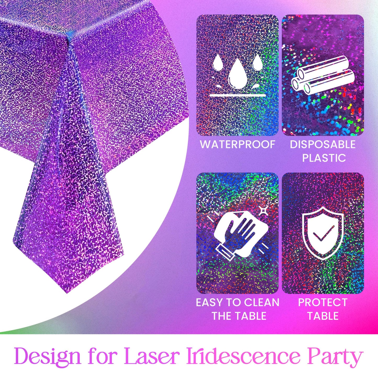 Just Shimmer Sparkling Holographic Laser Tablecloth - Shimmering, Waterproof, Easy to Clean - Ideal for Bachelorette, Birthday, Wedding, and Anniversary Party Decorations (Purple, 1)