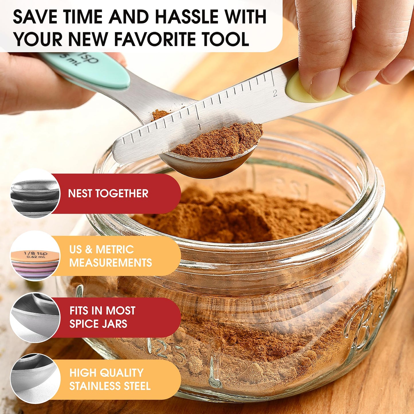 Spring Chef Stainless Steel Magnetic Measuring Spoons Set of 8 with Leveler, Metal Teaspoon & Tablespoon Measuring Spoons for Dry and Liquid Ingredients, Kitchen Gadgets for Baking & Cooking - Pastel