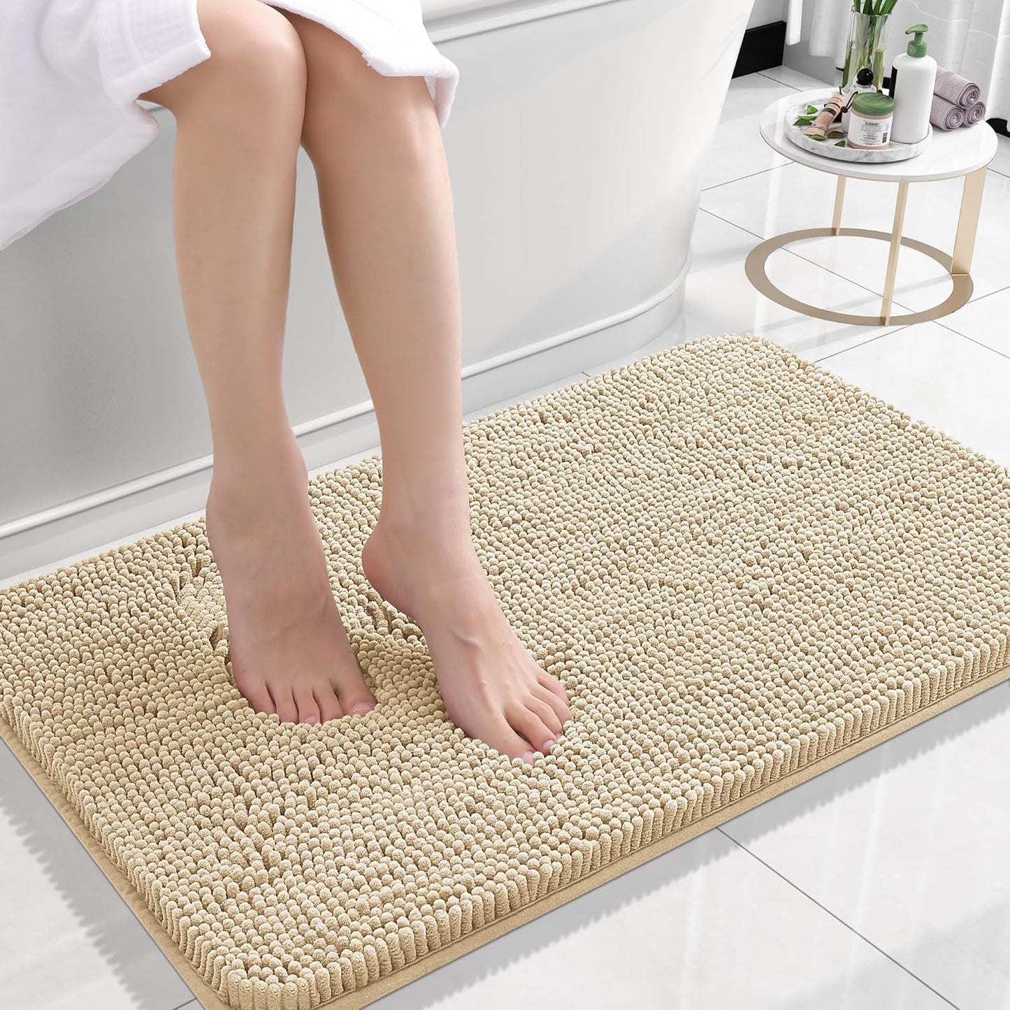 OLANLY Bathroom Rugs - Extra Soft Chenille Bath Mats with Rubber Backing | 24x16, Quick Dry, Beige
