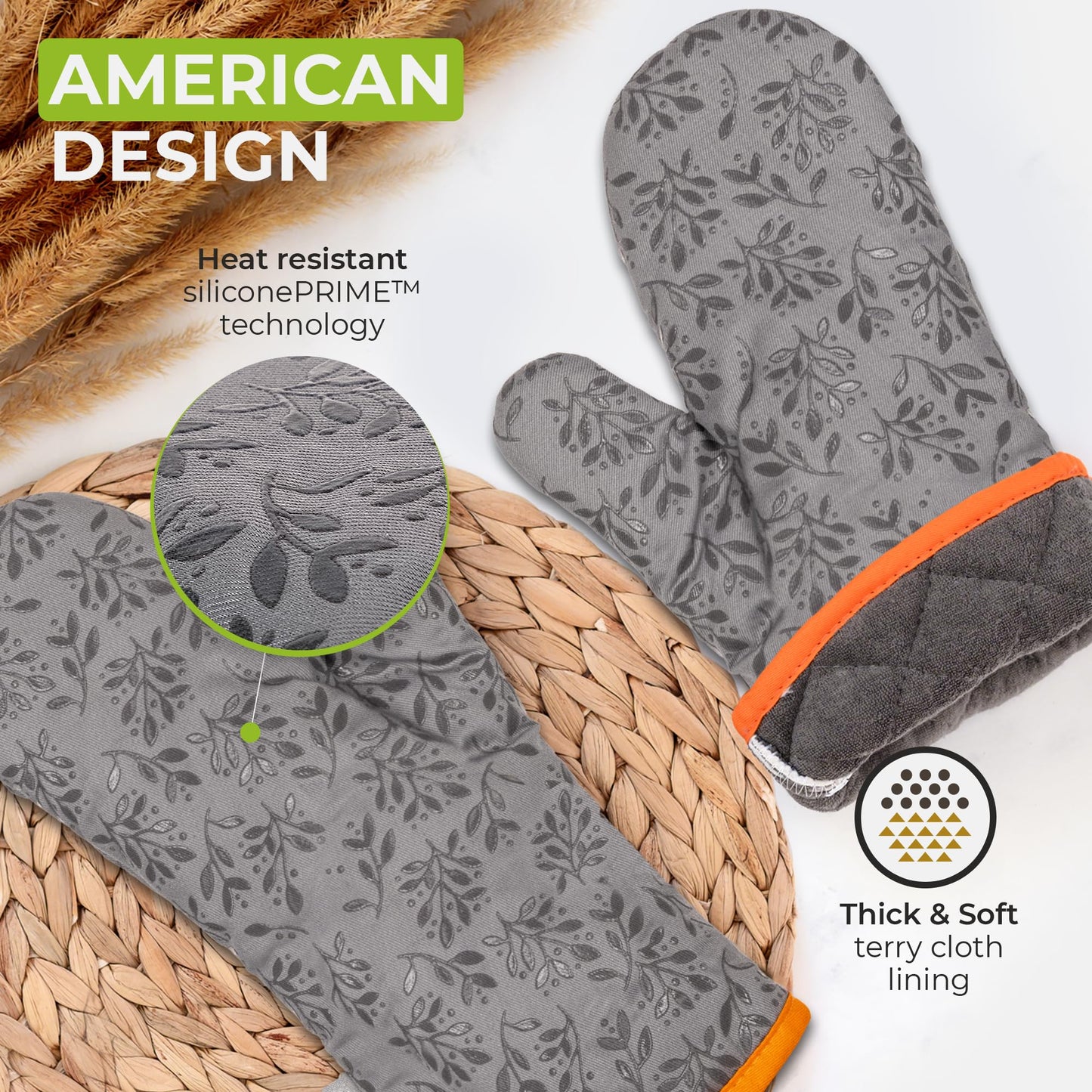 Premium Heat-Resistant Oven Mitts - Stylish and Beautiful - Non-Slip Platinum Silicone Grip - Long and Thick - 100% Natural Cotton Exterior and Soft Terry Cloth Lining - Cook'n'Chic Set of 2 - Gray