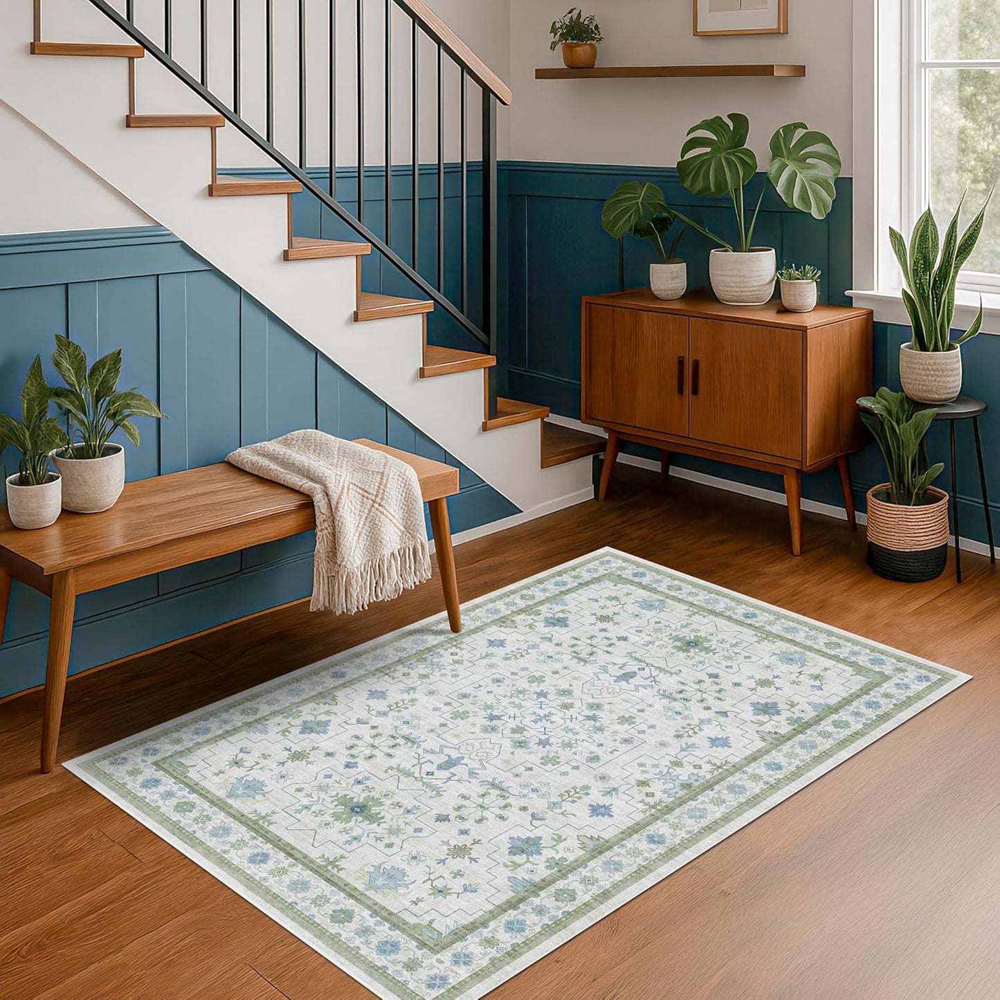 Oushak 4x6 Boho Pastel Rug - Low Pile Non-Slip, Stain Resistant Throw for Living Room & Entryway