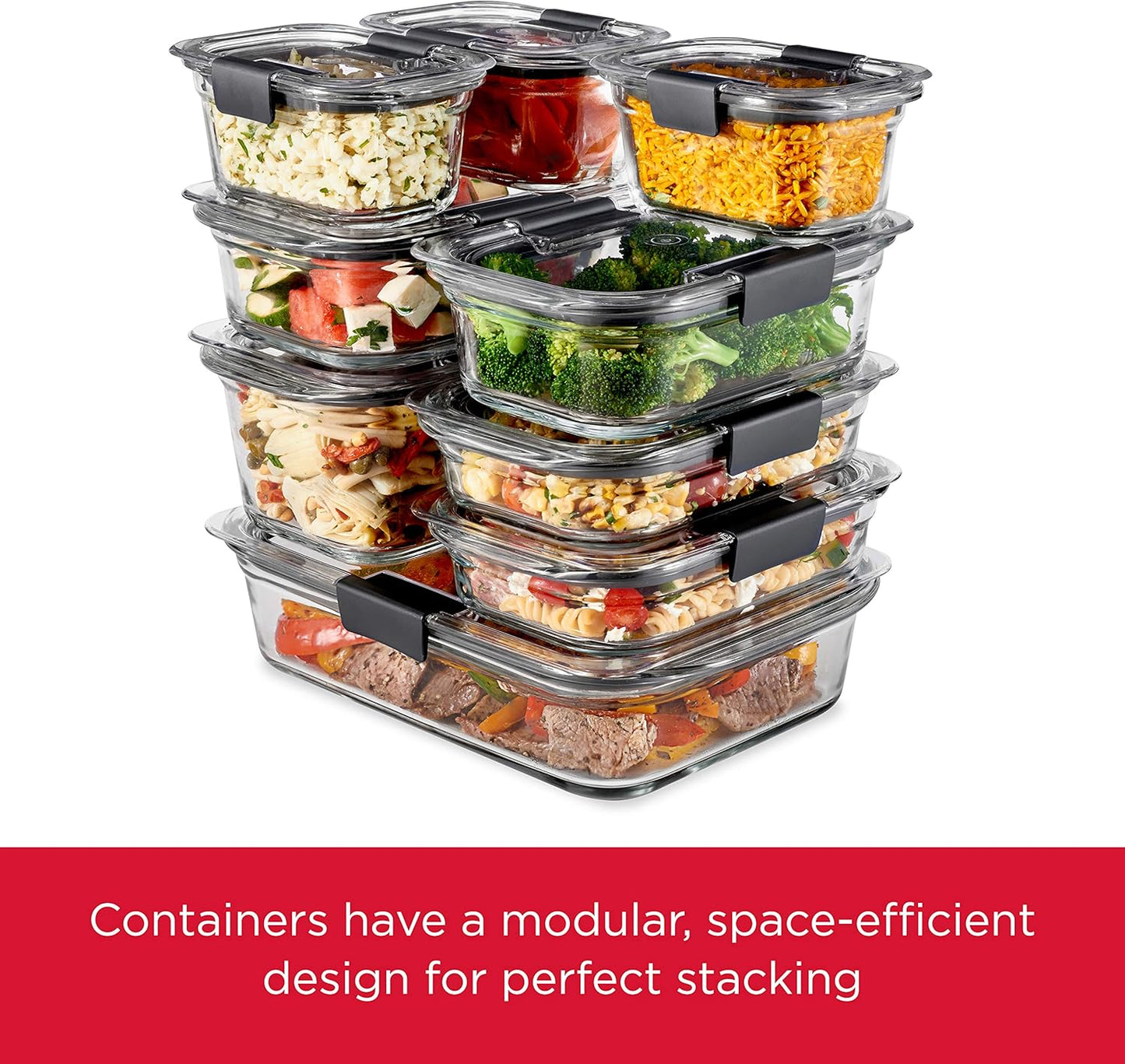 Rubbermaid Brilliance Glass Food Storage Set - 8-Piece Containers with Lids for Meal Prep | Clear/Grey