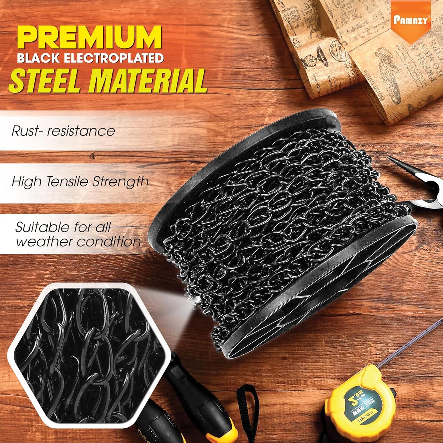 Skiennix 50FT Black Steel Hanging Chain - Durable, Rust-Resistant, 20LBS Capacity for Bird Feeders & Planters