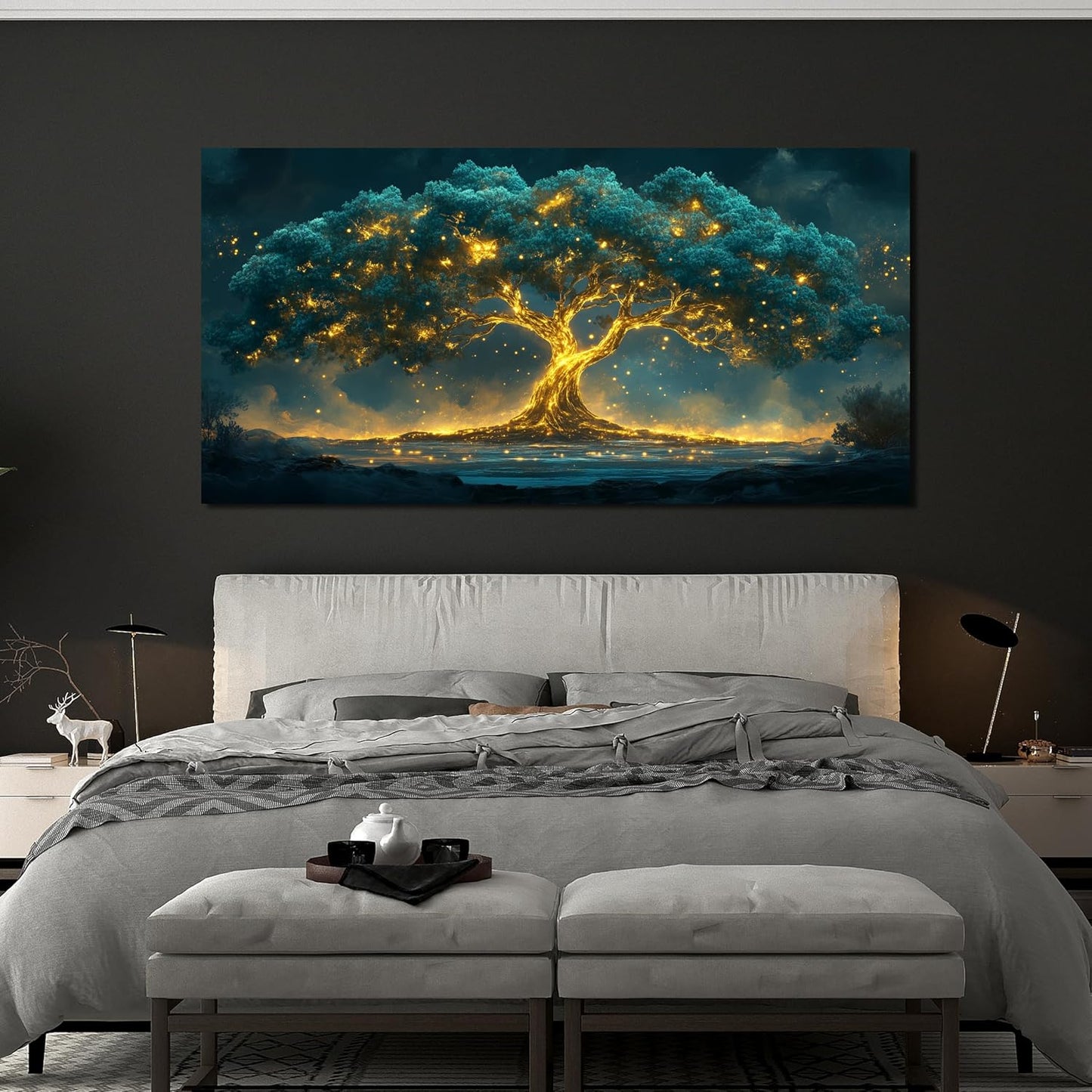 Skiennix Canvas Wall Art - Tree of Life Design in Green & Gold | 20" X 40" for Living Room Decor
