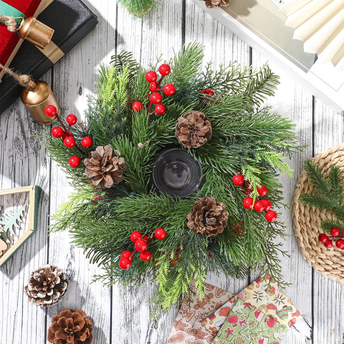 Mumufy Christmas Centerpiece Candle Holder - 12 Inch Mini Tabletop Decoration with Pine Cones & Red Berries