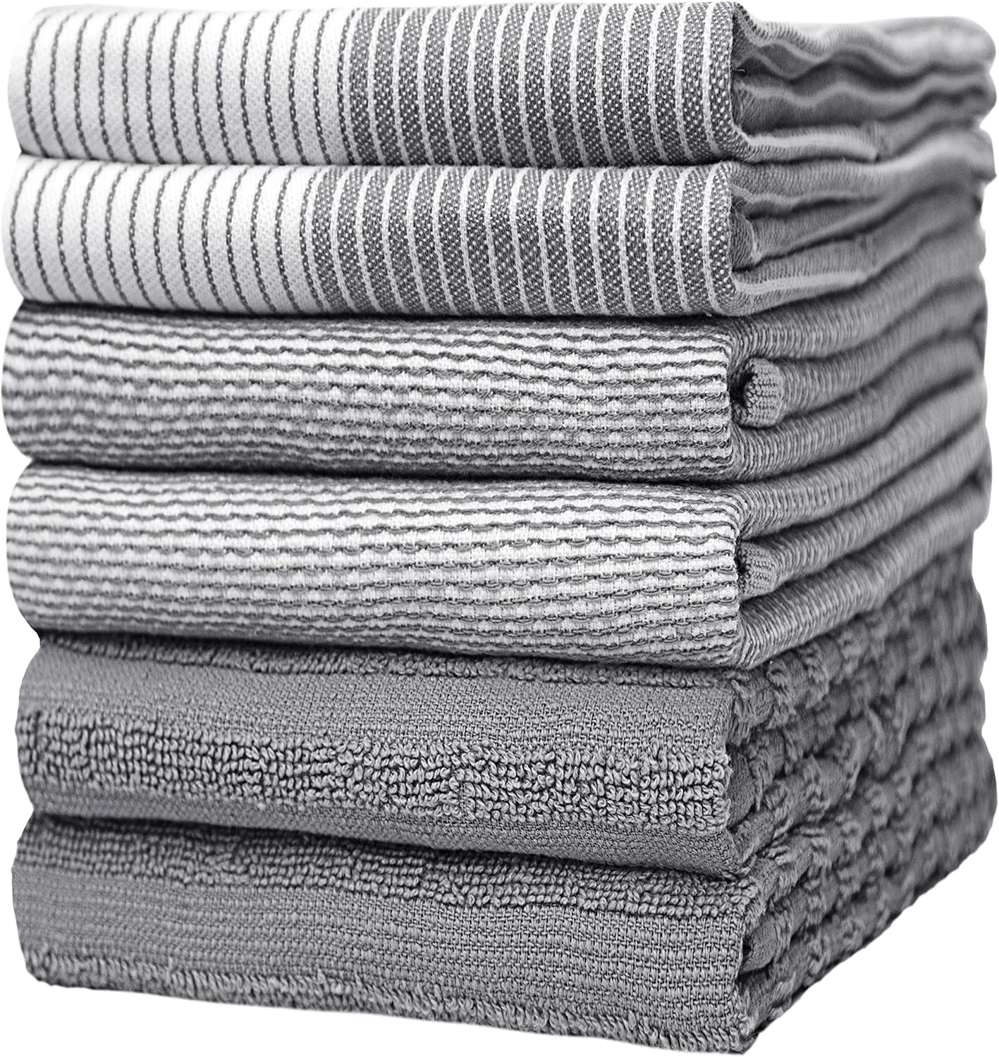 Premium Kitchen Towels - Highly Absorbent Cotton Dish Towels | 20”x28”, 6 Pack | Gray with Hanging Loop