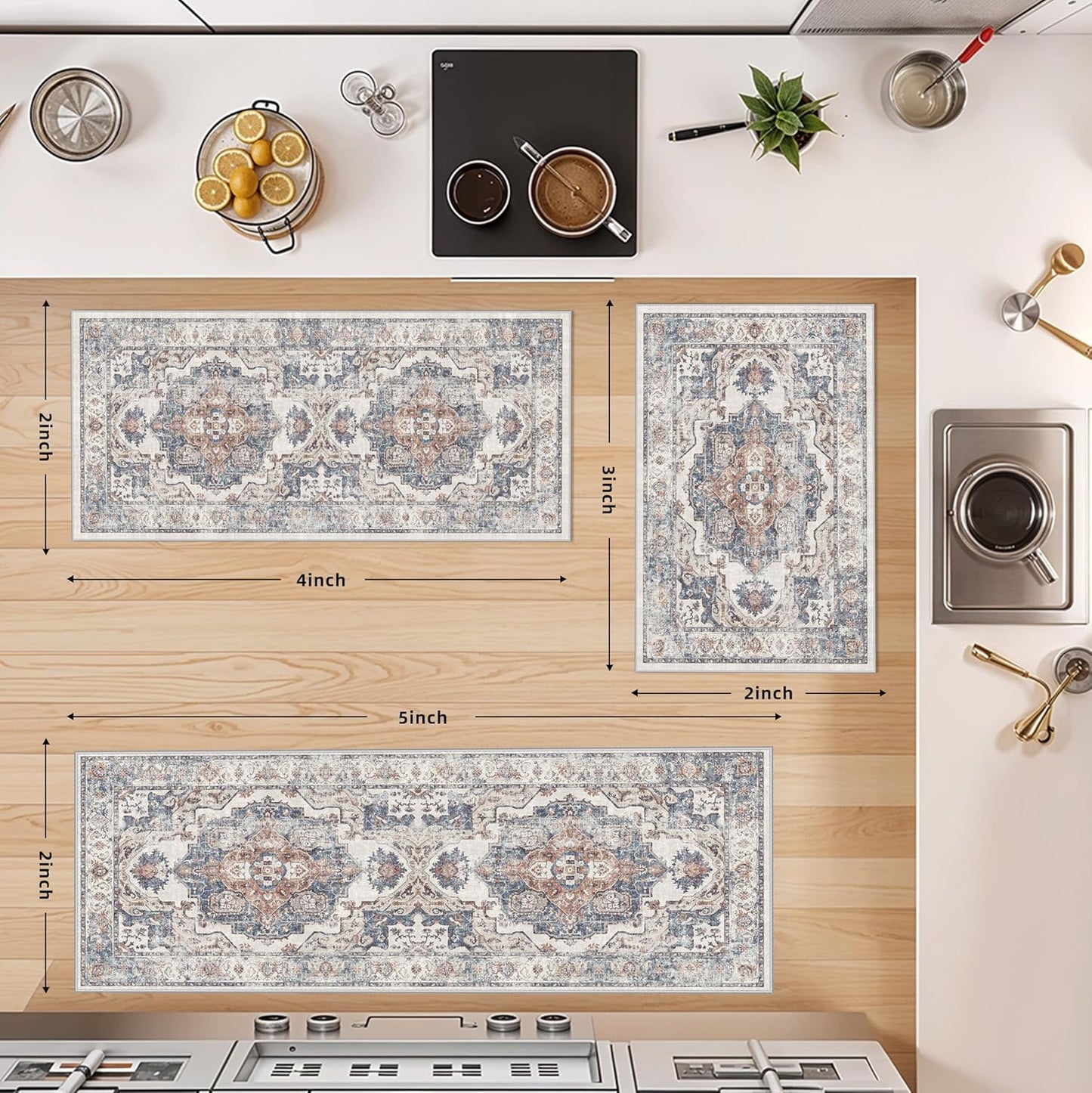 Skiennix Washable Kitchen Rug Set - Boho Non-Slip Soft Mats for Dog Bowl Area | 3 Sizes in Brick