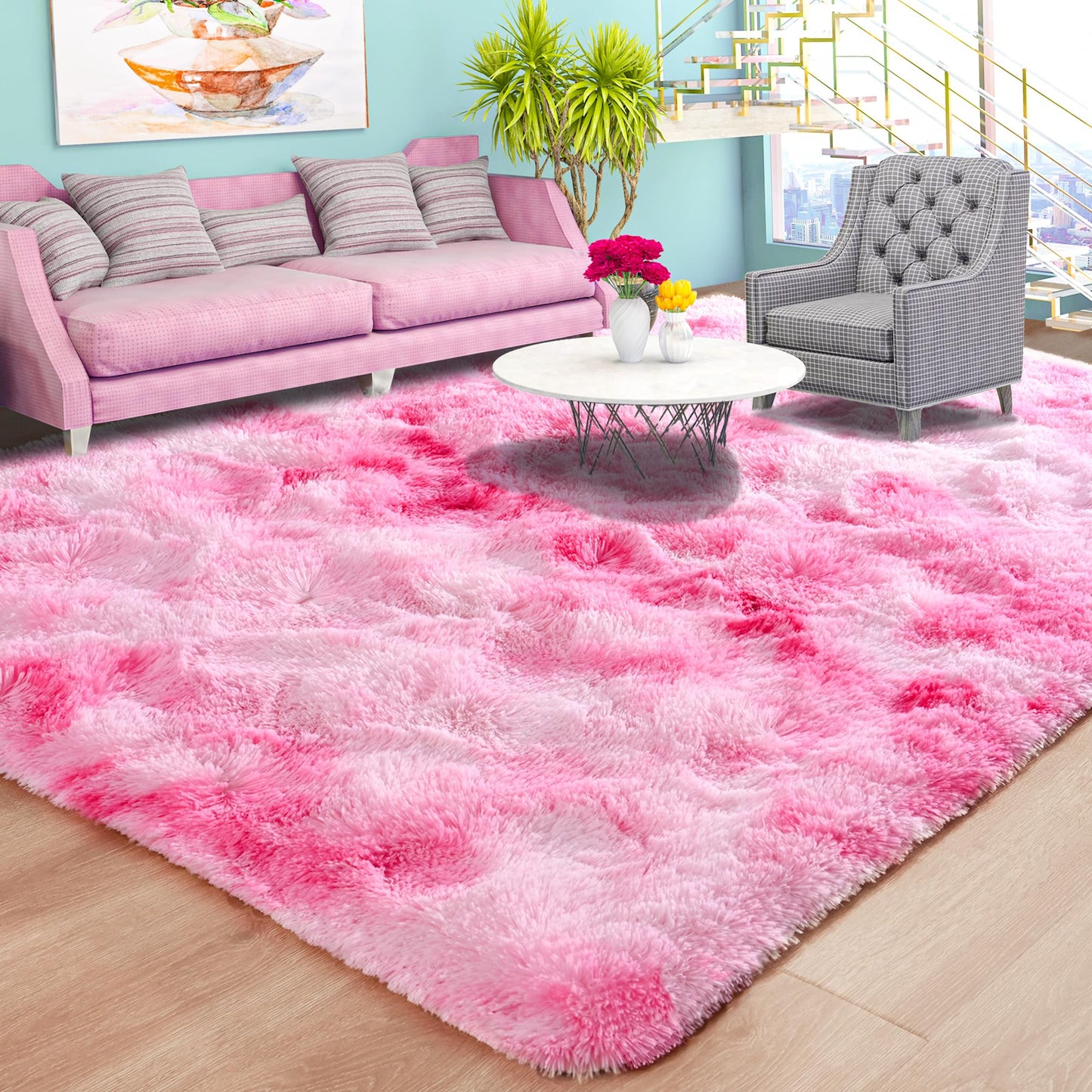 Foxmas Large Area Rugs for Living Room Bedroom 5x8 Feet, Fluffy Kids Room Plush Shaggy Nursery Rug Furry Throw Carpets for Boys Girls, College Dorm Fuzzy Rugs Home Decorate Rug, Tie-Dyed Pink