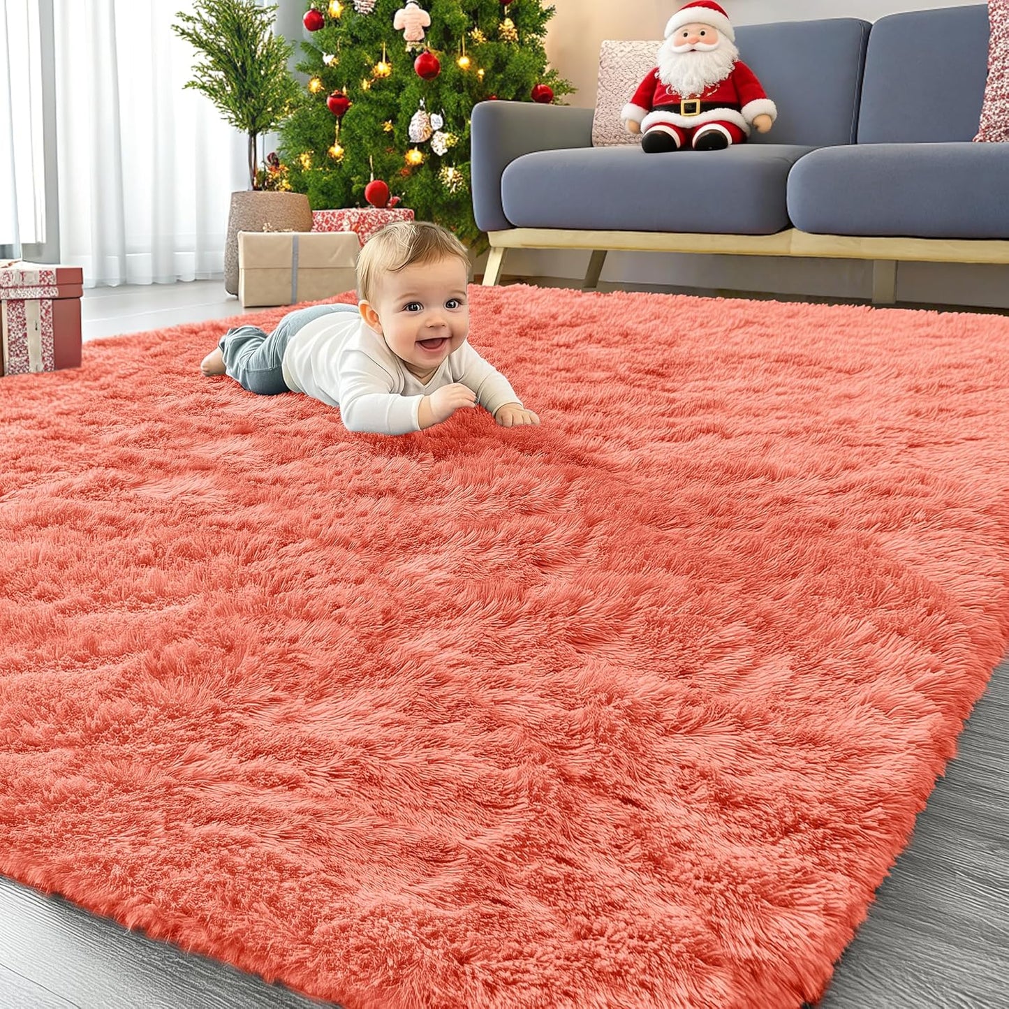 OLANLY Large Area Rug - Soft Fluffy Shaggy Indoor Carpet for Living Room & Bedroom | Coral Red 5x8