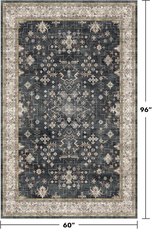 Black Modern Farmhouse Area Rug | 5x8 Boho Living Room Carpet - Washable, Non-Slip & Stain Resistant