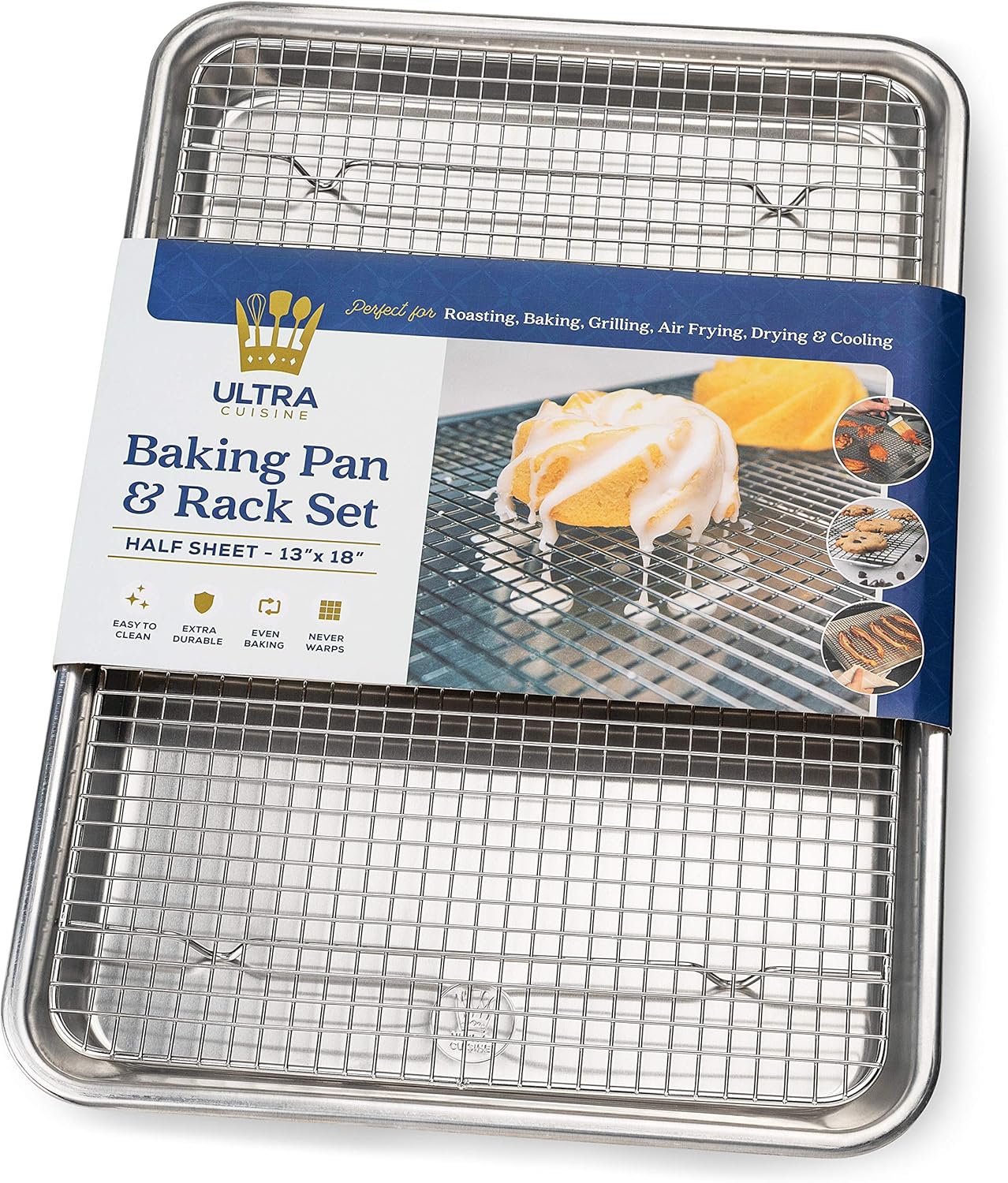 Ultra Cuisine Baking Sheet Set - Aluminum Half Sheet Pan with Stainless Steel Cooling Rack, 13 x 18 Inch, Easy Clean, Commercial Quality