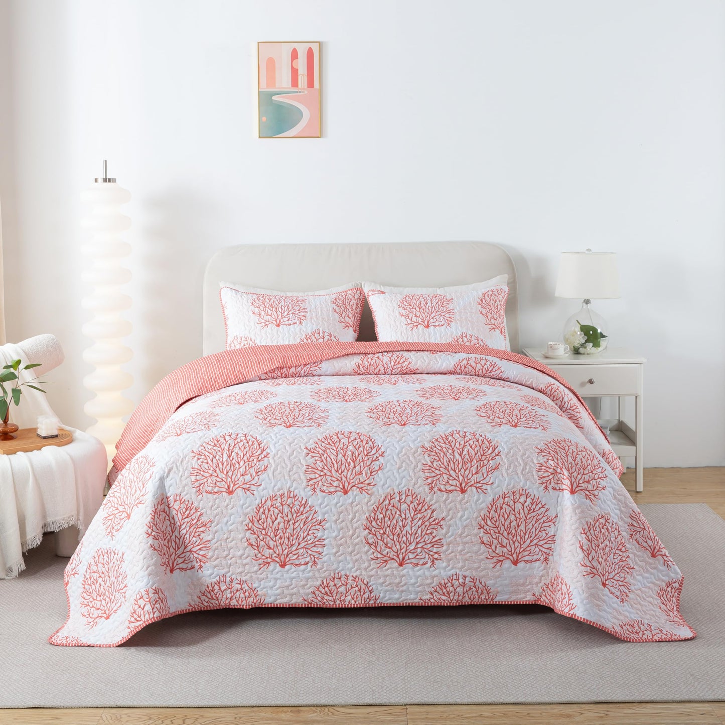 Soul & Lane Coastal Quilt Set - Twin and 1 Sham, Quilted Coastal Bedspread with Beach Theme, Ocean Bedding Set, Summer Nautical Quilt, Beachy Comforter with Tropical Motif, Sea of Coral