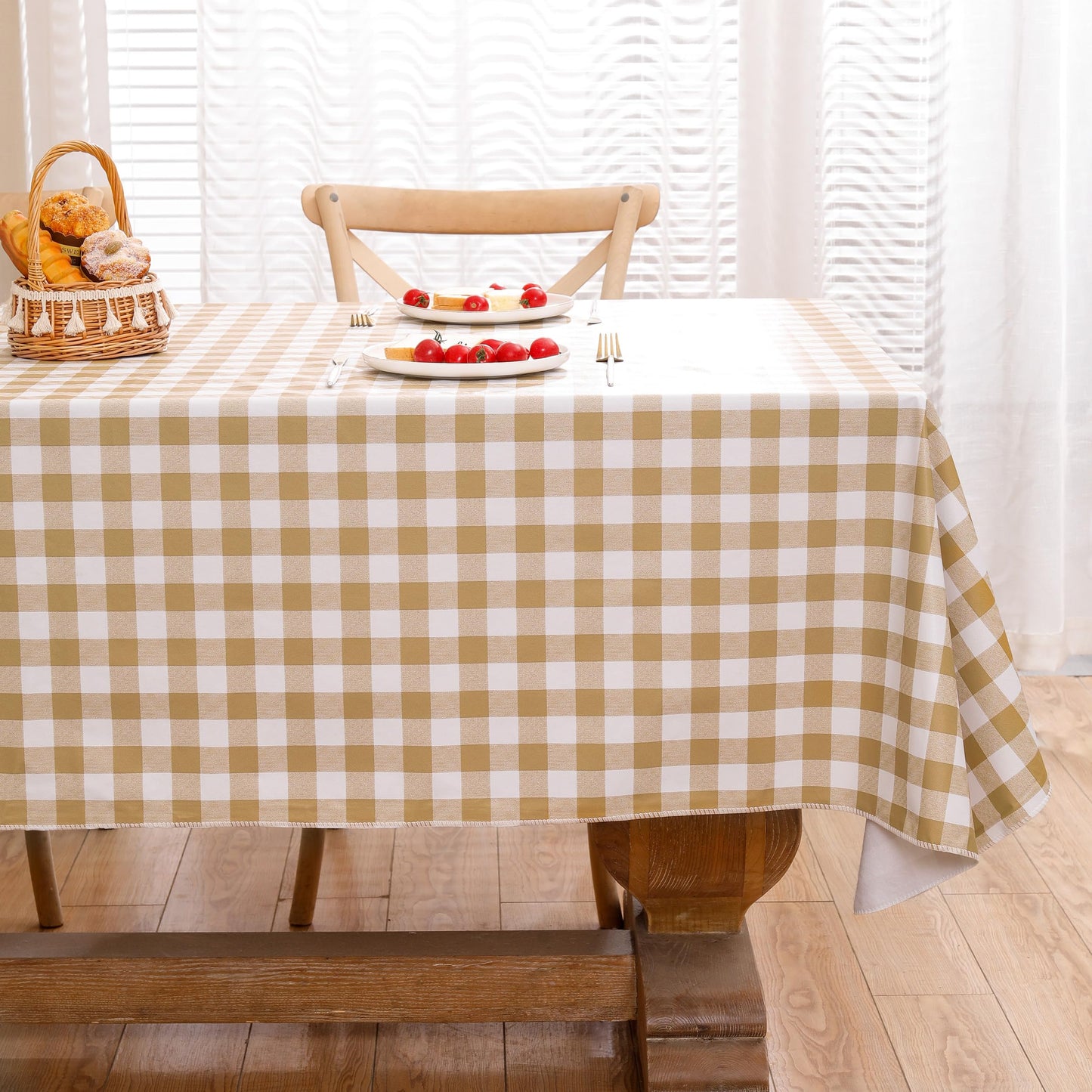 Heavy Duty Vinyl Tablecloth with Flannel Backing Waterproof Oil-Proof Plastic Table Cloth Stain-Resistant Wipeable Rectangle or Square Table Cover for Indoor and Outdoor (Khaki Checkered, 52x70 Inch)