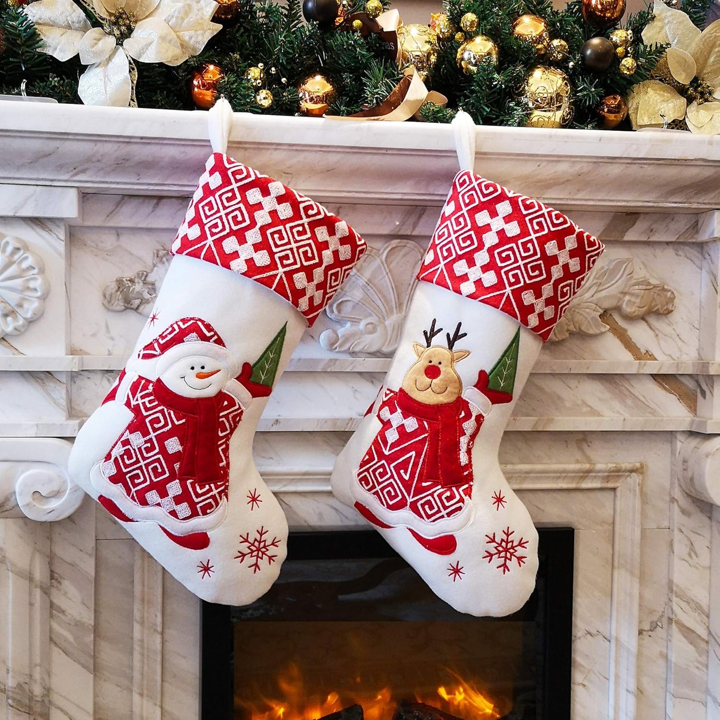 Classic Christmas Stockings Set of 2 - Santa & Snowman 17-Inch Holiday Decor