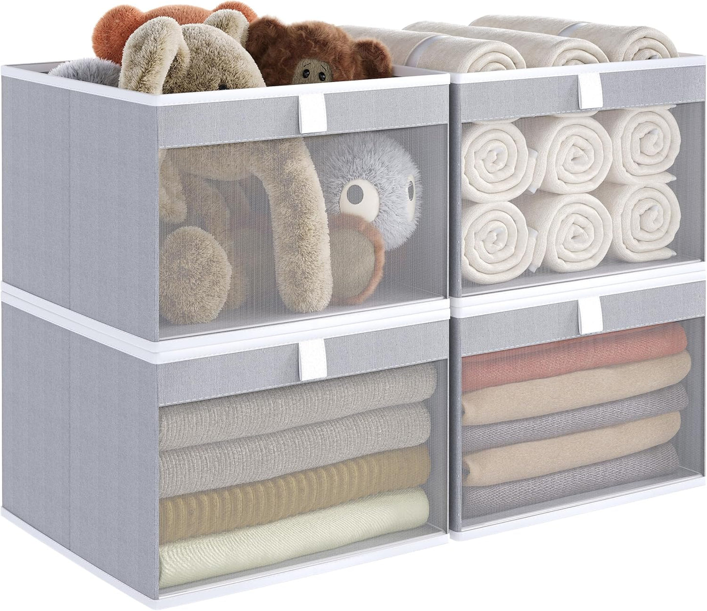Linen Closet Organizers by [Brand Name] - Foldable Storage Bins with Mesh Window | 4-Pack Gray Baskets (12.75" x 12.75" x 9")