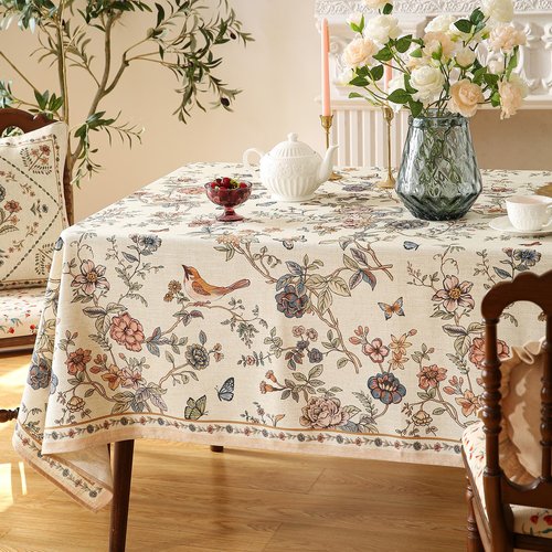 ISAENNE Designer French Light Beige Extra Long Rectangle Tablecloth, Linen Florals and Birds Pattern, Durable Decorative for Dining Thanksgiving Kitchen, 67"x118", Cornucopia
