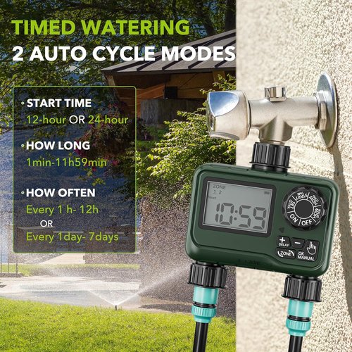 BN-LINK Sprinkler Timer - 2-Zone Programmable Water Timer with Rain Delay for Lawns & Gardens | Waterproof LCD Display