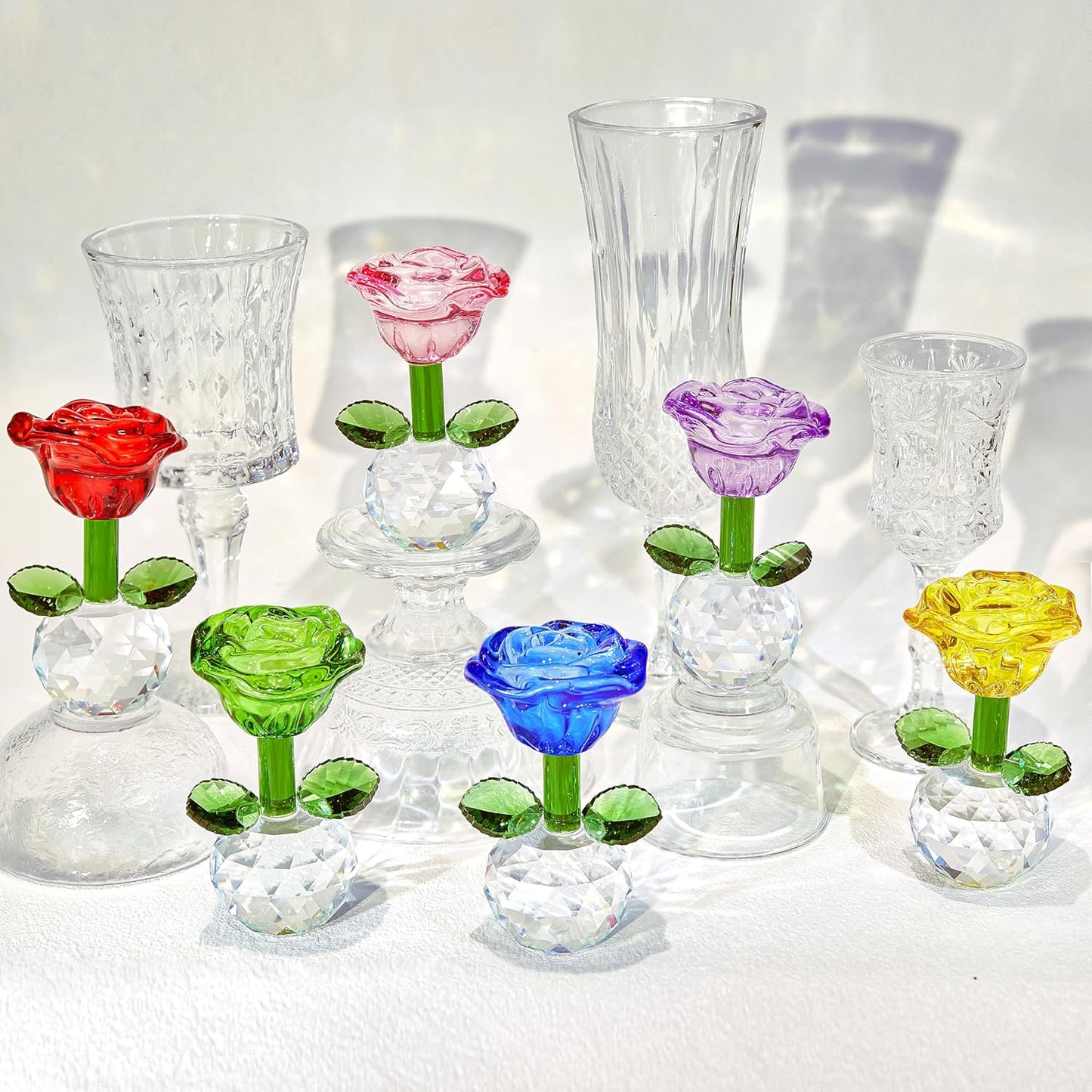Regine Switzerland Crystal Glass Rose Flowers Figurines - Colorful Blown Glass Decor | Set of 6, 3.5in