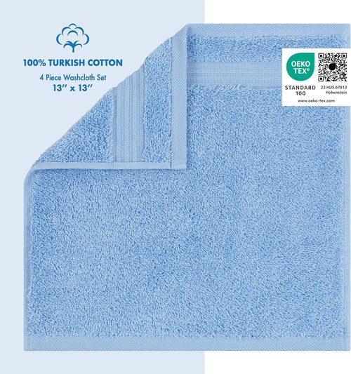 Cotton Paradise 100% Cotton Turkish Washcloth Set - Soft Absorbent 4-Piece Towels in Sky Blue