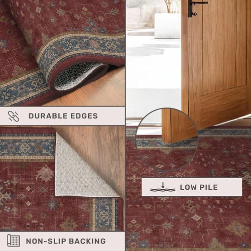 Hazo Haus Non-Slip 10ft Long Hallway Runner Rug - Burgundy Washable & Waterproof 2x10 Kitchen Mat | Oriental Turkish Design