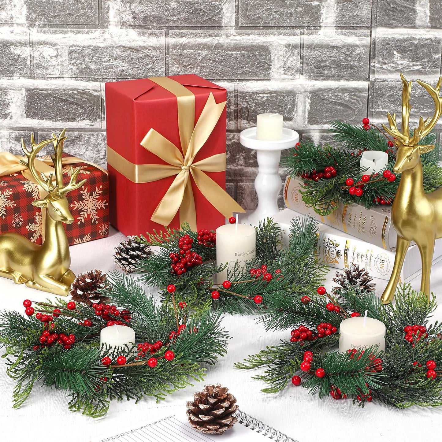 Knitgrip Mini Christmas Candle Rings - 4 Pcs Red Berry Pinecone Wreaths for Festive Home Decor