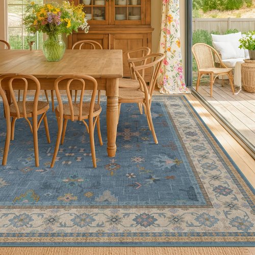 Boho 6x9 Living Room Rug - Modern Dark Blue Lightweight Washable Carpet for Dining & Bedroom Décor