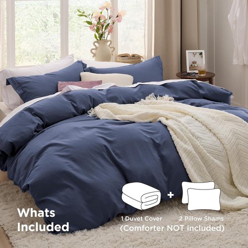 Bedsure Navy Blue Duvet Cover Set - Soft Cotton-Like Polyester, Full Size 80x90 Inches, 3 Pieces with Zipper Closure & 2 Pillow Shams