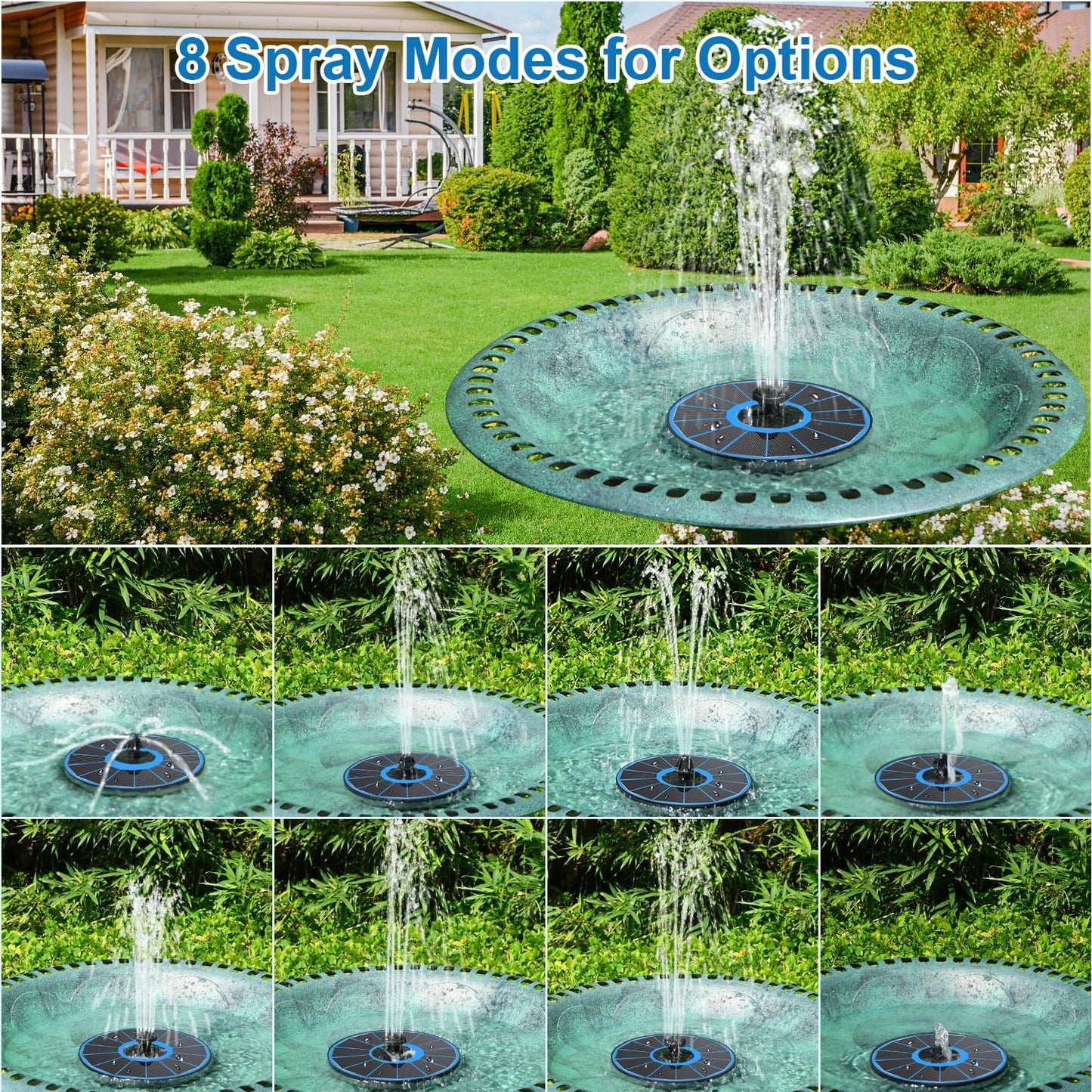 Skiennix 3.5W Solar Fountain - Battery Operated for Cloudy Days | Glass Panel Bird Bath Pump with 7 Nozzles & 4 Fixed Pipes for Garden, Pool, Pond