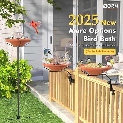 iBorn Bird Bath - Outdoor Deck Mounted 12-Inch BPA-Free Bowl with Adjustable Clamp & 360° Swivel