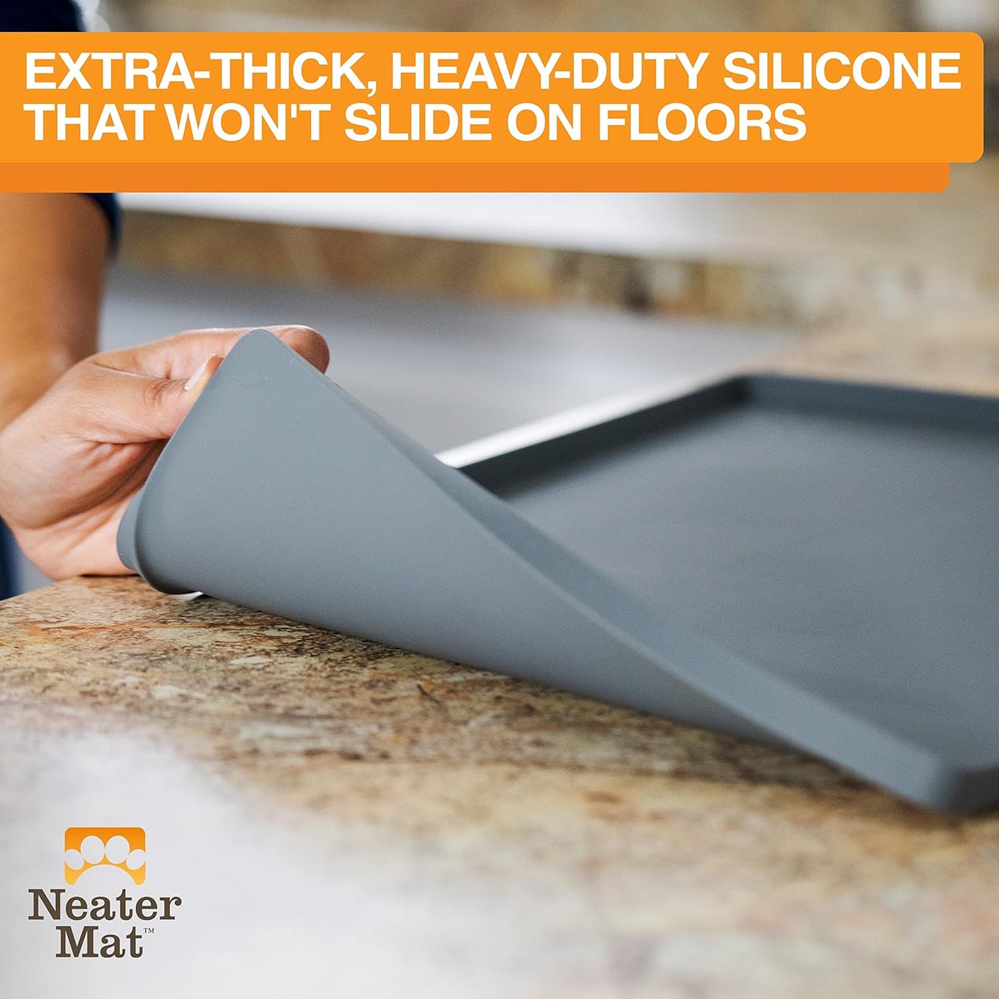 Neater Pet Brands Cat & Dog Food Mat - Waterproof BPA-Free Silicone with Raised Edge | 19" x 12", Gunmetal Grey