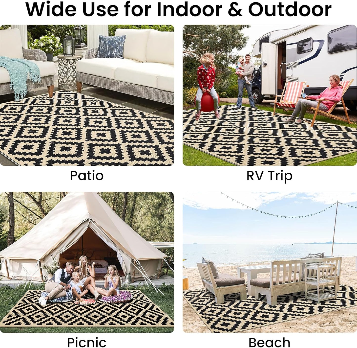 Smiry Waterproof Outdoor Rug - Reversible 5x8 ft Plastic Straw Mat for Patio & Camping - Black & Beige