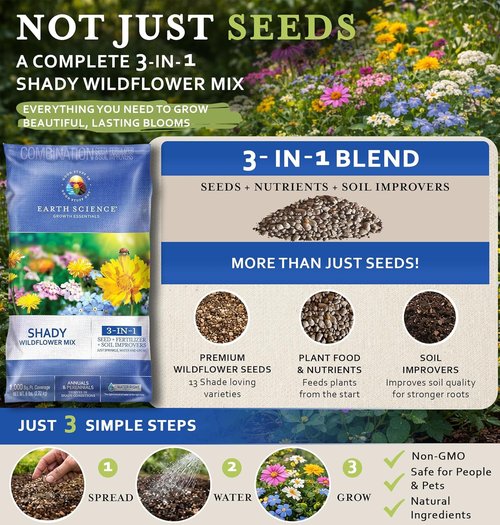 Earth Science Shady Wildflower Mix - 6 lb Premium Non-GMO Seed Blend with Plant Food & Soil Conditioners