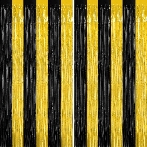 2 Pack Skiennix Graduation Backdrop - Black and Gold Foil Fringe Curtains | 3.28 FT x 7.05 FT Class of 2026 Party Decorations