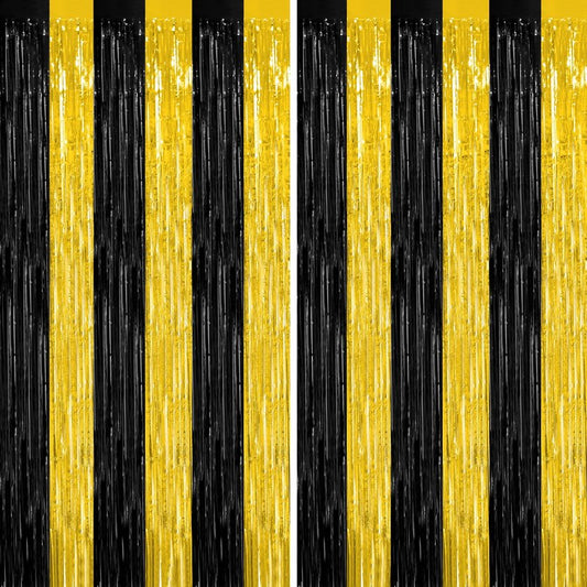 2 Pack Graduation Backdrop, 3.28 FT x 7.05 FT Black and Gold Foil Fringe Curtains, Metallic Foil Curtain Graduation Backdrop, Grad Party Supplies Black and Gold Party Decorations Class of 2026