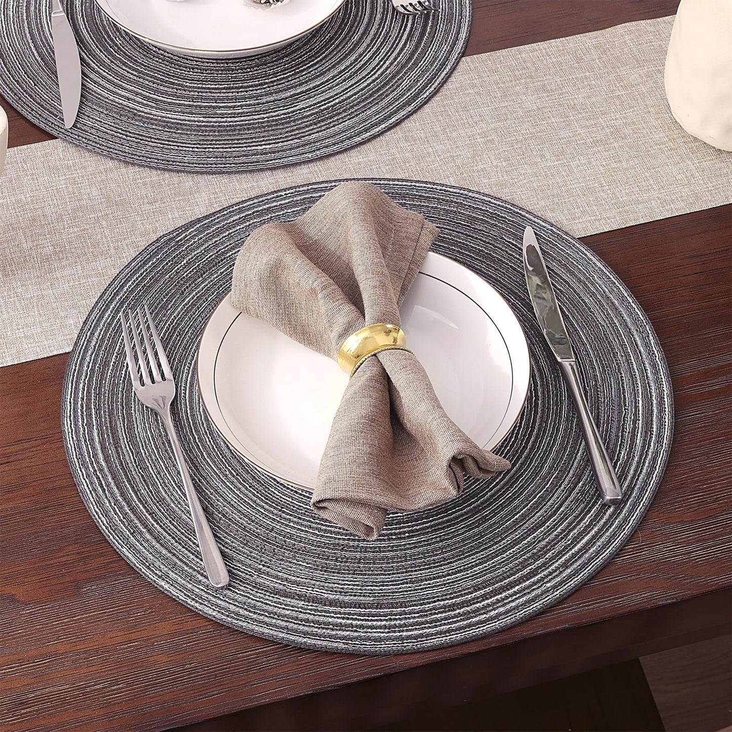 SHACOS Round Braided Placemats Set of 6 Round Table Mats 15 inch Cotton Washable for Holiday Party (Black Grey, 6)