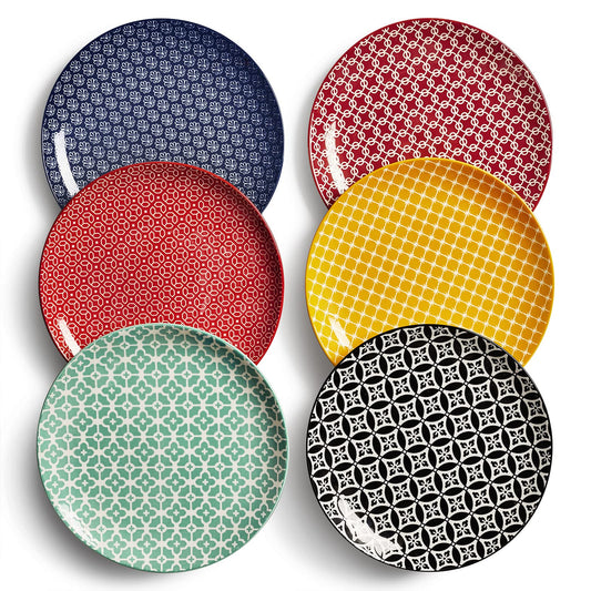 DOWAN 8.5" Salad Plates Set of 6, Ceramic Dessert Plate for Appetizer, Sushi, Microwave, Oven & Dishwasher Safe, Colorful Design Perfect for Party, Wedding, Birthday, Mothers Day Gifts