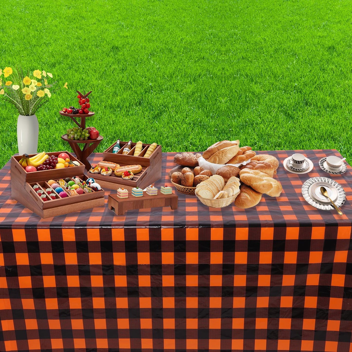 Kesfey 3 Packs Fall Orange Buffalo Check Plaid Tablecloth 54 x 108 Inches Waterproof Autumn Thanksgiving Gingham Table Cloth Disposable Orange and Black Plastic Checkered Picnic Tablecover for Camping