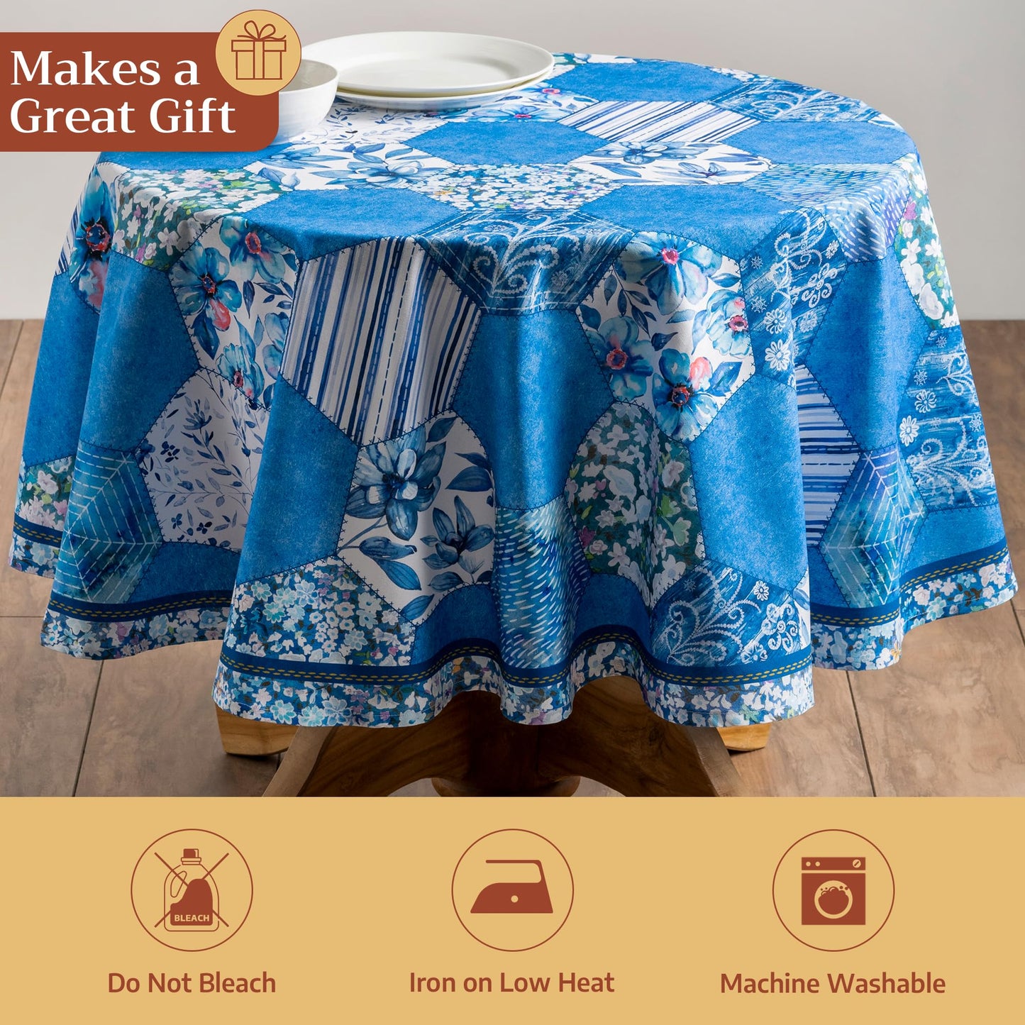 Maison d' Hermine Table Cloth Round Table 100% Cotton 69 Round Inches Tablecloth Reusable Decorative for Dining Kitchen Room Farmhouse Home Gifts for Mothers Day Spring Summer - Summer Blues
