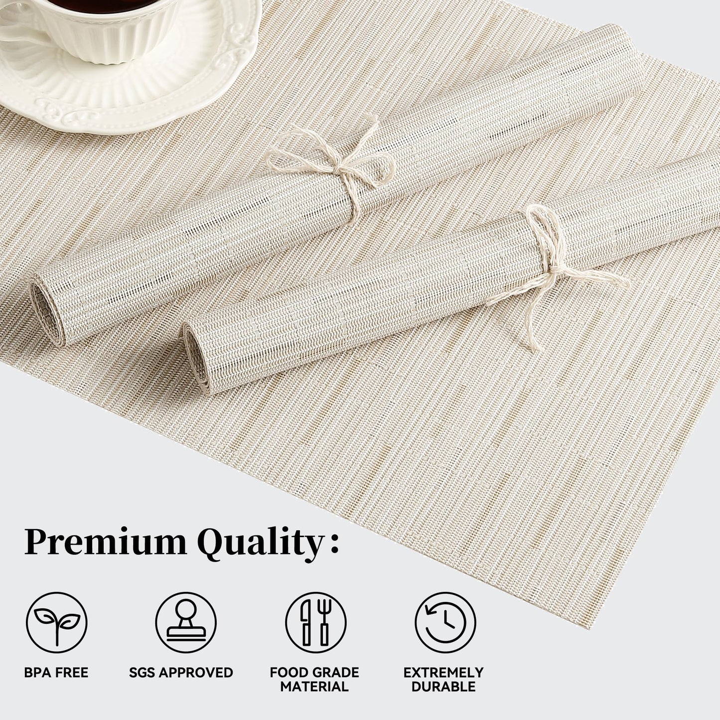Leetaltree Pale Beige Placemats Set of 12 - Heat Resistant Non-Slip Place mats for Dining Table, Washable Durable PVC Vinyl Woven Table Mats（Pale Beige, 12）